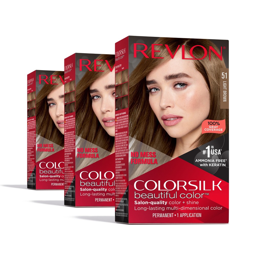 Photos - Hair Dye Revlon ColorSilk Beautiful Color 100 Gray Coverage Ammonia-Free Permanent Hair Color - 51 Light Brown - 13.2 fl oz/3ct 