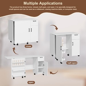 Particle Board Sewing Table - Folding Sewing Machine Table, One Door, One Drawer, Compact Design, White Finish - 1 of 4