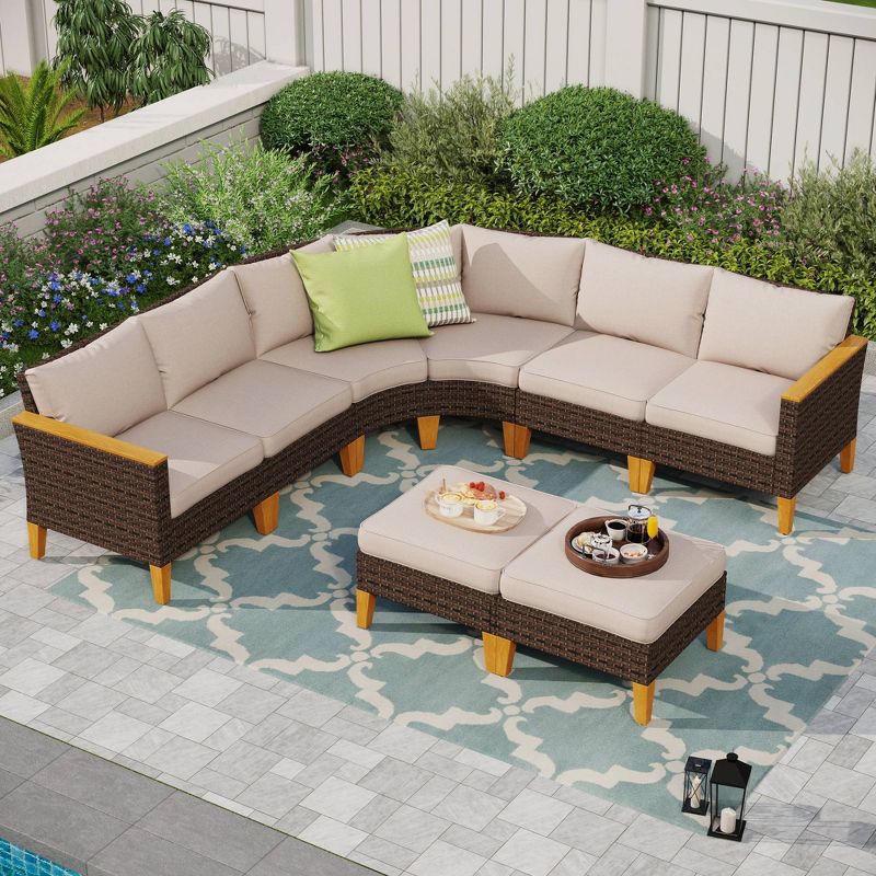 Captiva Designs 8pc Outdoor Wicker Rattan Conversation Set with Curved Sectional Sofa and Ottoman Beige, 1 of 9
