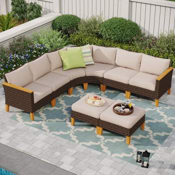 Captiva Designs 8pc Outdoor Wicker Rattan Conversation Set with Curved Sectional Sofa and Ottoman Beige