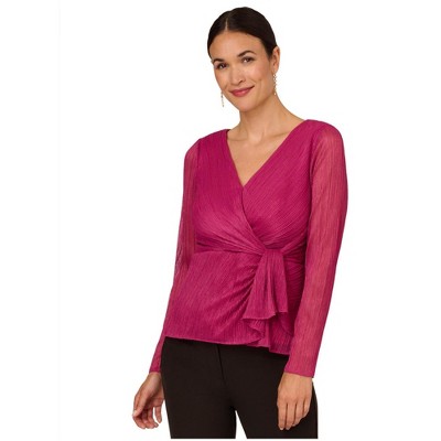 Adrianna Papell Womens Metallic Mesh Surplice Ruffled Blouse