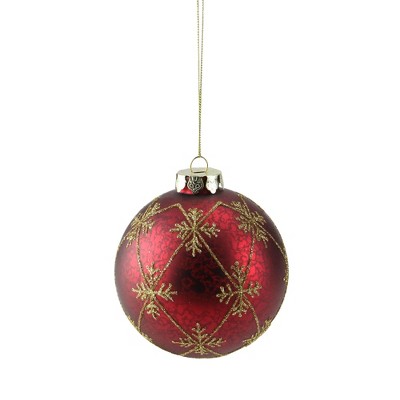 NORTHLIGHT Glitter Snowflakes Mercury Glass Ball Christmas Ornament 3.25" - Burgundy Red/Gold