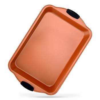 NutriChef 10” Non Stick Cake Square Pan, Deluxe Gold Carbon Steel Pan with Blue Silicone Handles