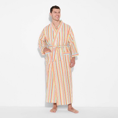 Pride Adult Rainbow Woven Tie-Waist Reversible Robe - Ivory Striped