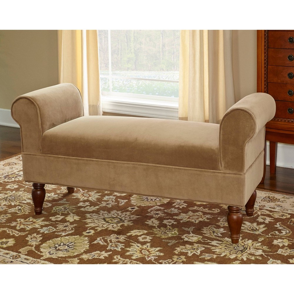46" Lillian Traditional Backless Rolled Side Arm Upholstered Velvet Bench Tan - Linon