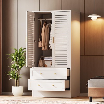 65" Wardrobe Armoire Closet with 2 Shutter Doors and 2 Drawers, Bedroom Armoire with Hanging Rod,	White