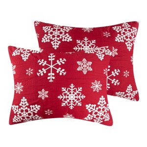 Greenland Home Fashions Snowflakes Sham – Standard Quilted Holiday Pillow Cover in Red & White with Nordic Snowflake Design - 1 of 4