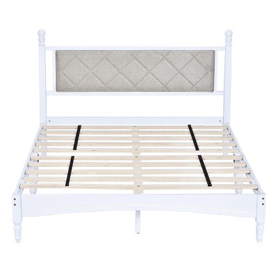 NicBex Full Size Wood Bed Frame with Upholstered Headboard,Wood Slat Support,Large Under Bed Storage,White