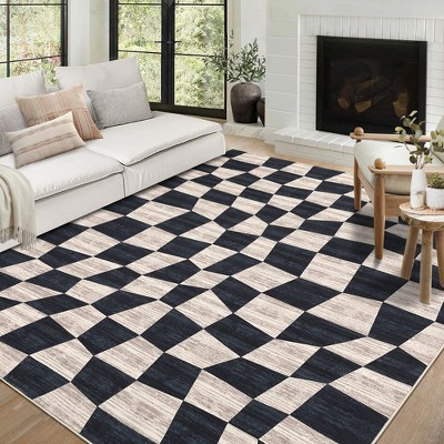 Modern Checkered Rug Washable Area Rug Low Pile Stain Resistant Throw ...