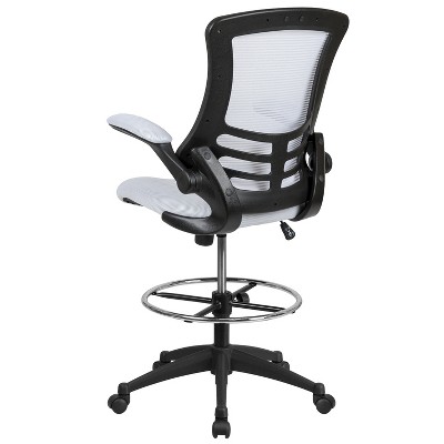 White Mesh and Leather Ergonomic Drafting Chair with Adjustable Arms