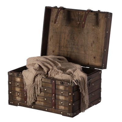 Vintiquewise Wooden Brown Storage Trunk with Faux Leather Straps and Handles
