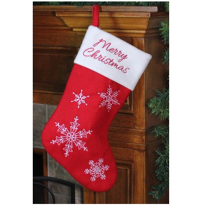 Red and White Embroidered Merry Christmas Stocking with Snowflakes