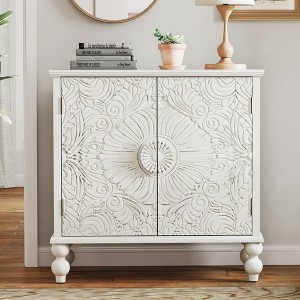 Buffet Cabinet with Storage, Distressed Storage Cabinet with 2 Carved Doors and Adjustable Shelf, Wooden Accent Sideboard Buffet Cabinet - 1 of 4