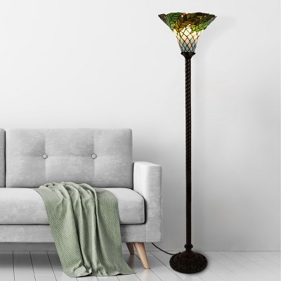 Hastings Home Tiffany-Style LED Floor Lamp With an Inverted Cone-Shaped Leaf Foliage Shade