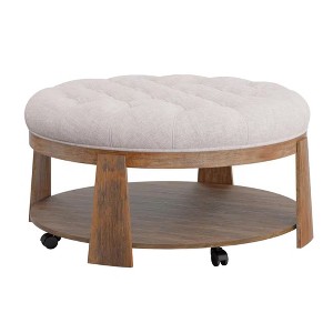 Royal Hampton 41 Inch Ottoman Coffee Table, Button Tufted Beige Fabric, Brown Wood - 1 of 1