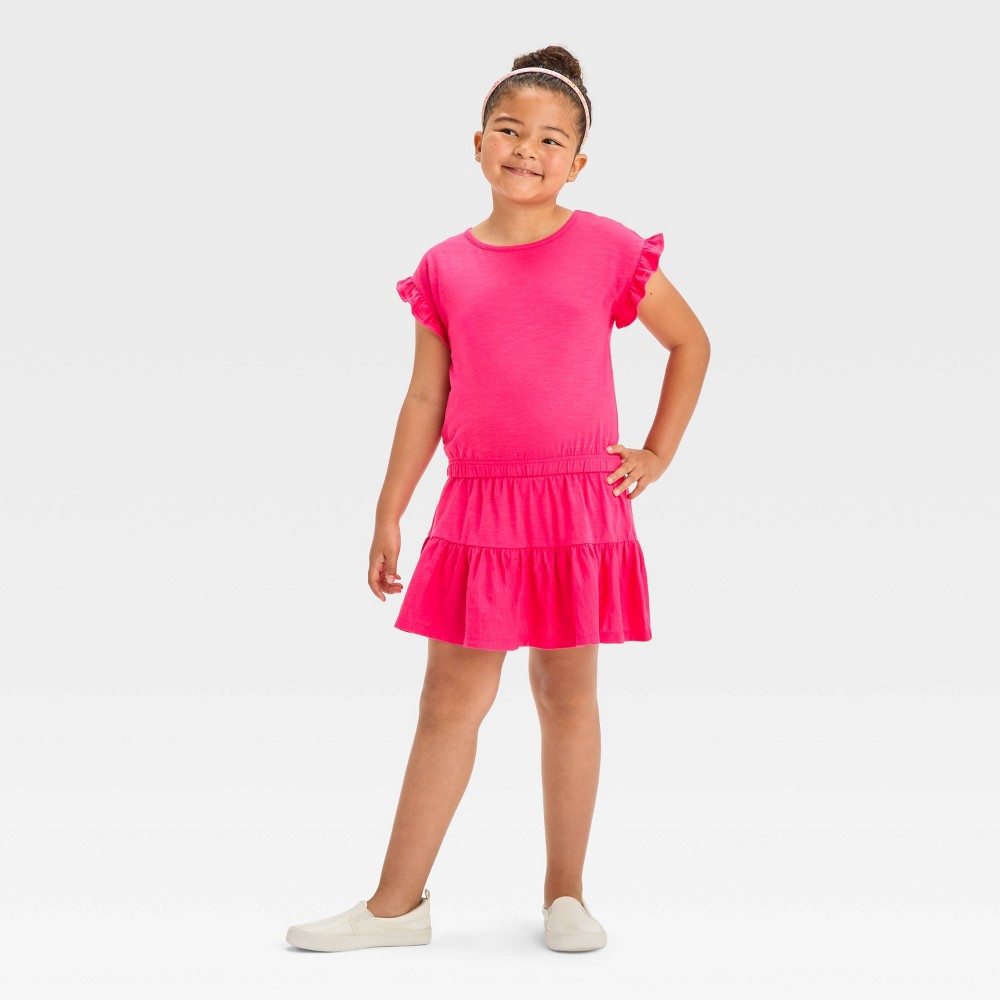 Girls' 2pc Knit Ruffle Short Sleeve Top & Skirt Set - Cat & Jack™ Dark Pink L