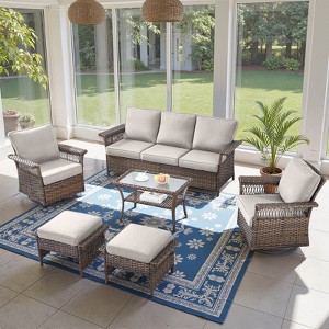 POCASSY 6 Piece All Weather Wicker Patio Furniture Set, Outdoor Conversation Set with Patio Sofa Couch Swivel Patio Chairs Coffee Table and Ottomans - 1 of 4