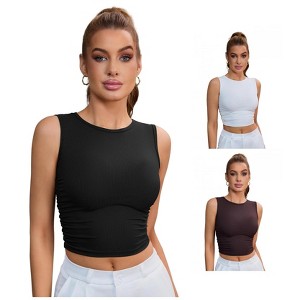 INSPIRE CHIC 3 Pcs Women's Sleeveless Ribbed Waist-Cinched Workout Tank Top with Dual Side Pleats - 1 of 4
