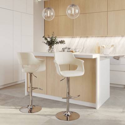 Set of 2 Cream Fabric Adjustable Swivel Barstools with Chrome Base