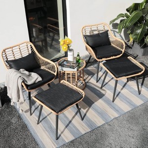 SUGOLD 5-Piece Outdoor Wicker Furniture Set, All-Weather Rattan Bistro Set with 2 Ottomans & Table, Patio Conversation Set - 1 of 1