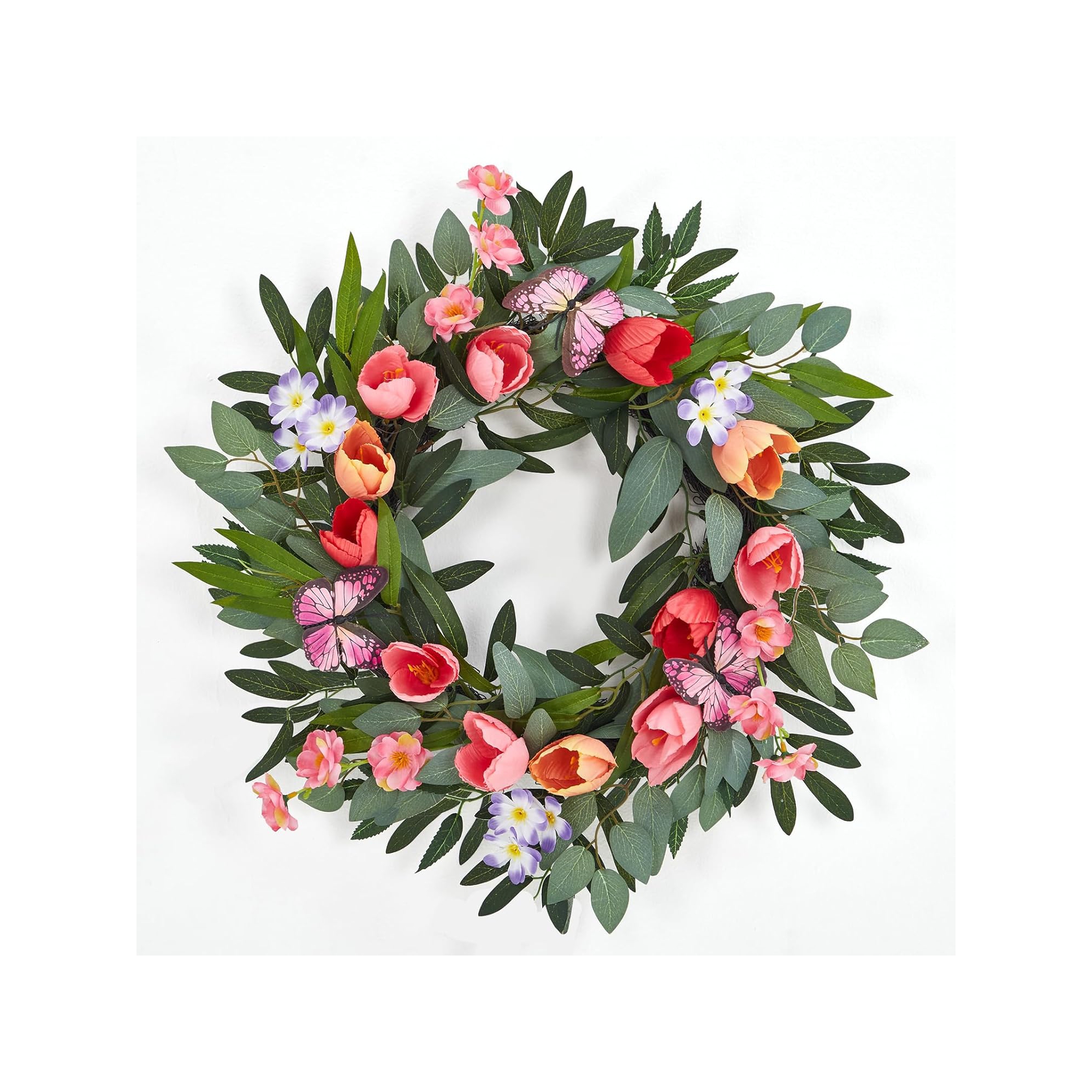 20 In Artificial Spring Wreaths for Front Door, Tulip Wreath with Colorful Blooms,Butterflies for Summer Indoor Outdoor Wedding Decor