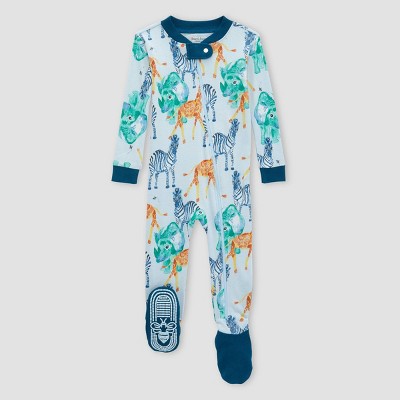 Image of Burt's Bees Baby® Baby Wild Safari Organic Cotton Tight Fit Footed Pajama - Metallic Blue 12M