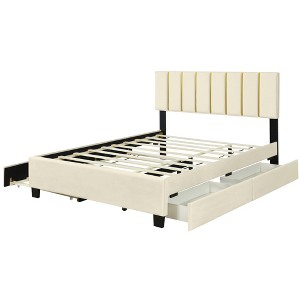 HomeRoots Beige Tufted Velvet Upholstered Queen Bed Frame With Trundle And Drawers - 1 of 4