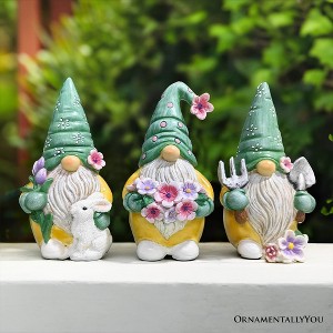 Garden Guardians Set of Three 6" Gardening Gnome Figurines, Floral Green and Yellow Statue Decor| OrnamentallyYou - 1 of 4
