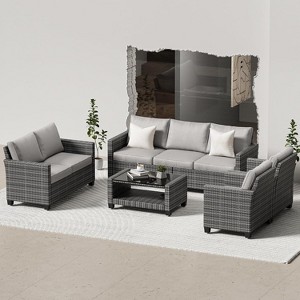 Acekool 5-Piece Outdoor Patio Furniture Set with Weather-Resistant PE Rattan, Tempered Glass Table, Cushioned Chairs for Porch, Balcony, Backyard - 1 of 4