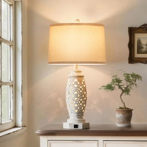 GTCLIGHTING 28.5'' Farmhouse Table Lamp for Living Room Bedroom, Nightstand Desk Lamp with 2 USB Ports , White Hollow Out Resin Lamp - 1 of 4