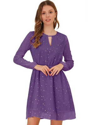 INSPIRE CHIC Women's Choker V Neck Vintage Flared Gilding Metallic Shiny Star A-Line Dress