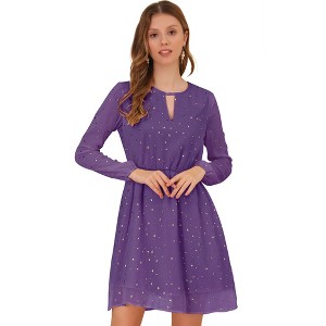 INSPIRE CHIC Women's Choker V Neck Vintage Flared Gilding Metallic Shiny Star A-Line Dress - 1 of 4