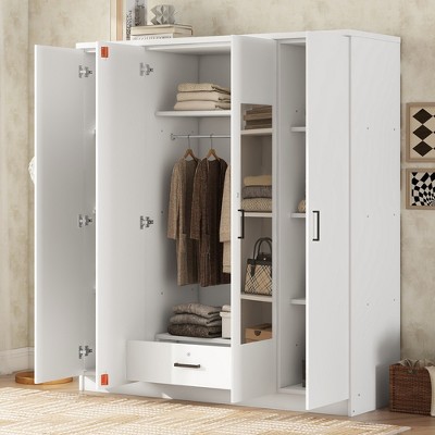 TIRAMISUBEST 4-Door Mirror Wardrobe with Storage Shelves and Hanging Rod, Bedroom Closet Armoire with 1 Drawer and Mirror Doors
