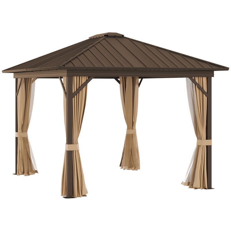 Outsunny 10x12 Hardtop Gazebo with Aluminum, Permanent Metal Roof Gazebo Canopy with Curtains & Netting for Garden, Patio, Backyard, Brown, 1 of 9