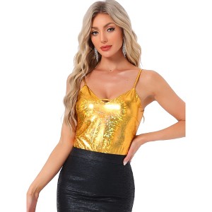 Allegra K Women's Metallic Shiny Party Deep V Neck Spaghetti Straps Cami Tops - 1 of 4