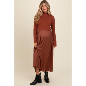 Pinkblush Brown Knit Contrast Top Satin Maternity Midi Dress - 1 of 3