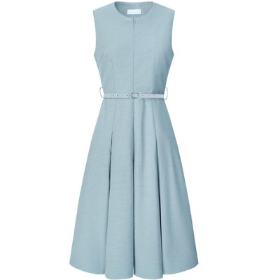 INSPIRE CHIC Women's Round Neck Sleeveless Zip Front Belted Fit Flare Work Dresses