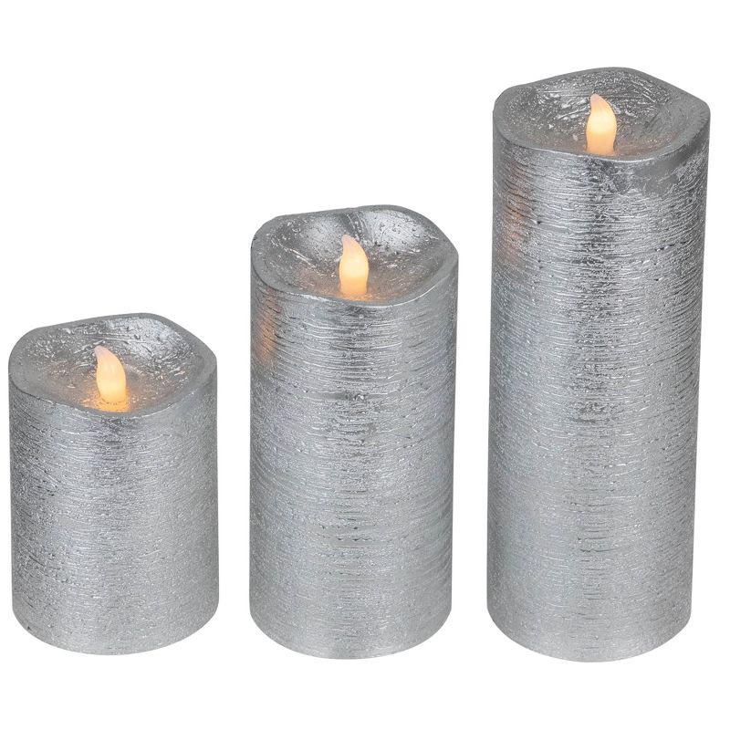 Northlight Set of 3 Brushed Silver-tone LED Flickering Flameless Pillar Candles 8", 4 of 7