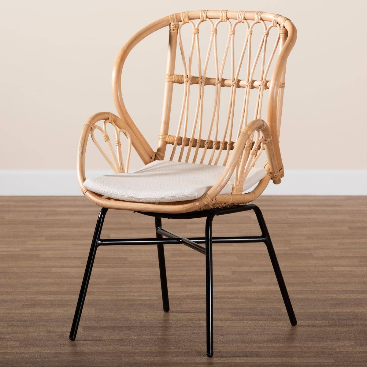 bali & pari Caelia Rattan and Metal Chair Natural/Brown: Bohemian Style, Plush Cushion, Sturdy Crisscross Base: Armless, Spot Clean - thumbnail 9