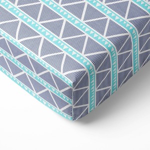 Bacati - Liam Aqua/Navy Large Triangles Muslin 100 percent Cotton Universal Baby US Standard Crib or Toddler Bed Fitted Sheet - 1 of 4