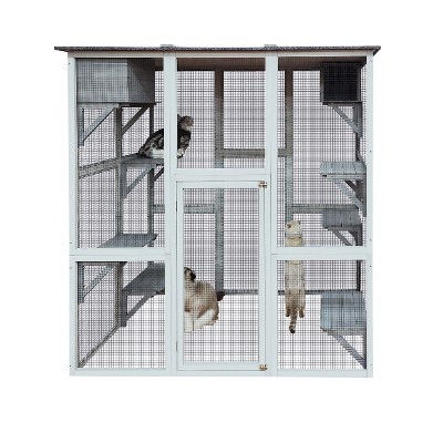 Gulches Wood Outdoor Cat Enclosure, 71" Outdoor Cat House Weatherproof Asphalt Roof, Large Cat Cage Playpen with 6 Jumping Platforms , Napping Houses