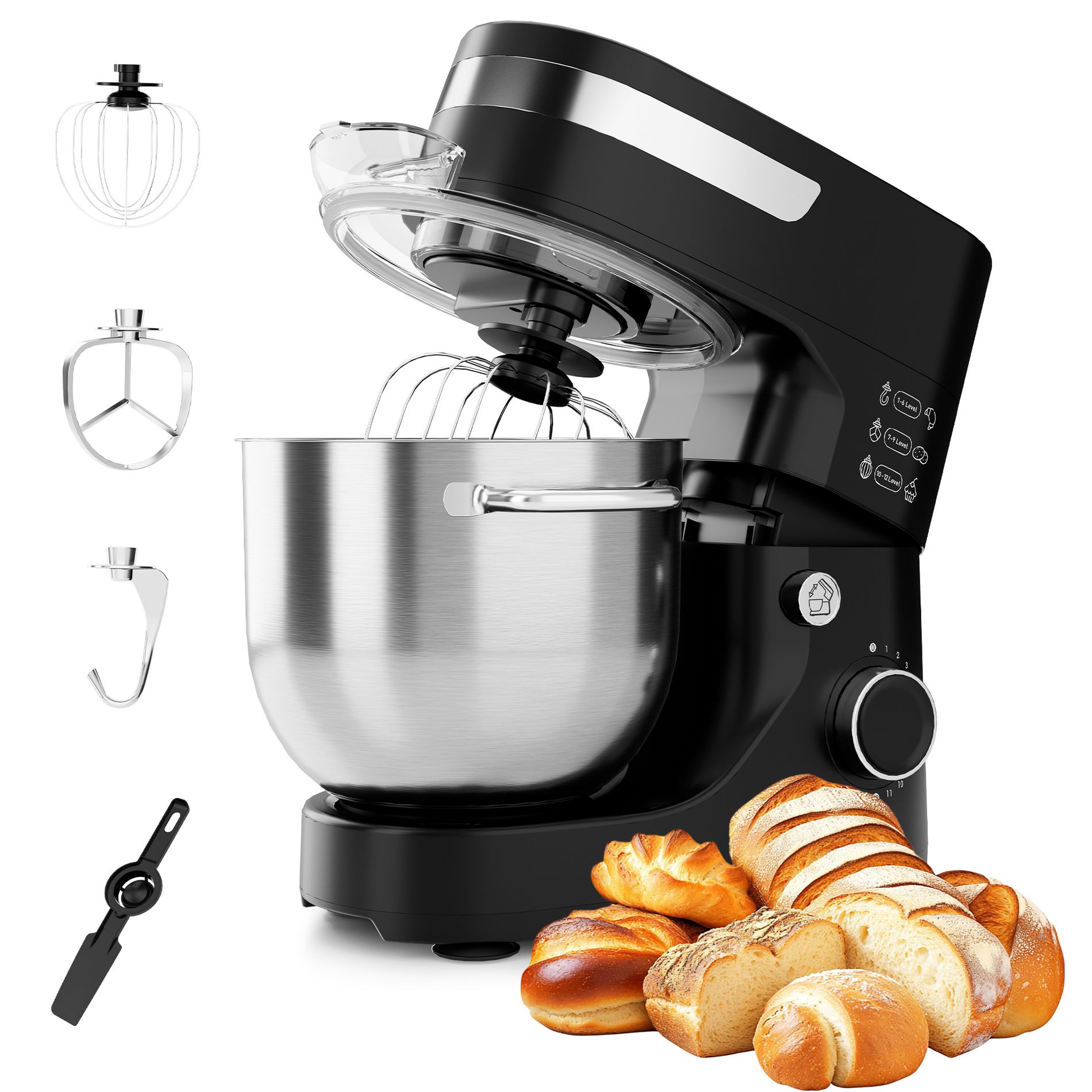WHALL Stand Mixer, 12-Speed Tilt-Head Kitchen Mixer with Dough Hook, Whisk, Beater, and Stainless Steel Bowl – Powerful Electric Food Mixer for Baking