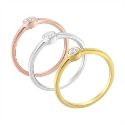 Tri-Color 14K Gold Plated Silver 1/6 Cttw Diamond Stacking Promise Ring Set