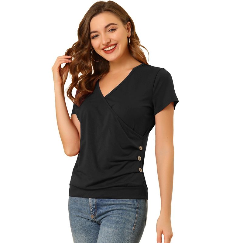 INSPIRE CHIC Women's Wrap V Neck Short Sleeve Button Decor Ruched Blouses Small Black