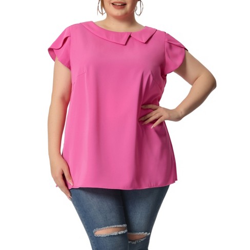 Agnes Orinda Women's Plus Size Elegant Workwear Flutter Sleeve Chiffon  Blouse Hot Pink 1X