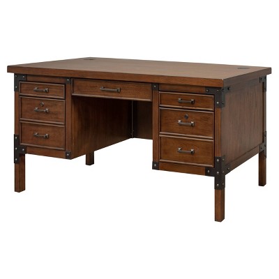 Auburn Brown Wood Executive Desk with Black Iron Accents