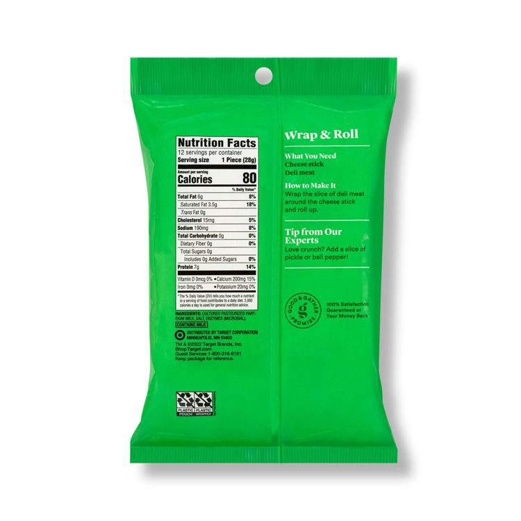 Green colored cheese packaging with a visible nutrition facts label and instructions for making a wrap and roll.