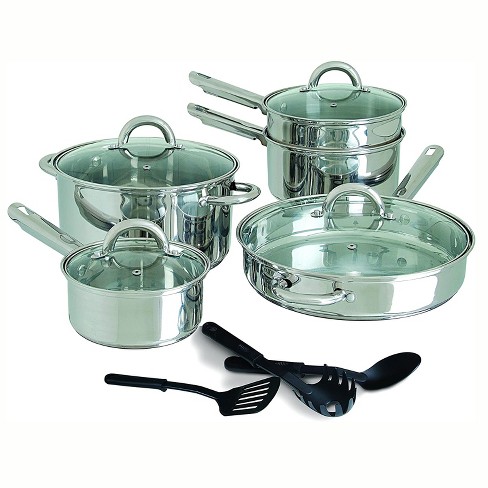 Gibson Home Abruzzo 12 Piece Stainless Steel Kitchen Pots Pans Cookware Set  with Lids and 3 Serving Utensils, Mirrored Silver Finish