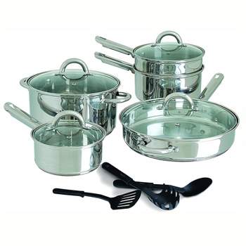 Gibson Home Abruzzo 12 Piece Stainless Steel Kitchen Pots Pans Cookware Set with Lids and 3 Serving Utensils, Mirrored Silver Finish