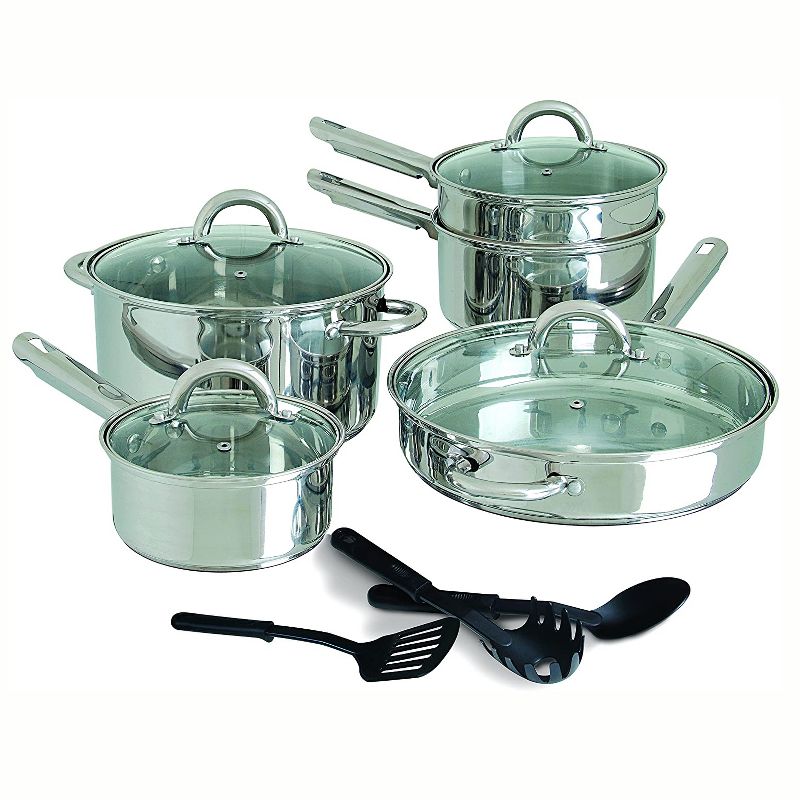 Gibson Home Abruzzo 12 Piece Stainless Steel Kitchen Pots Pans Cookware Set with Lids and 3 Serving Utensils, Mirrored Silver Finish, 1 of 7